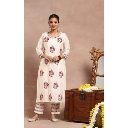 House of Chikankari Chikankari Zari Kurta with Pant and Dupatta - Ivory (Set of 3)