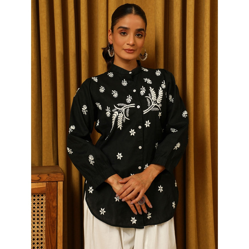House of Chikankari Black Chikankari Cotton Embroidered Shirt