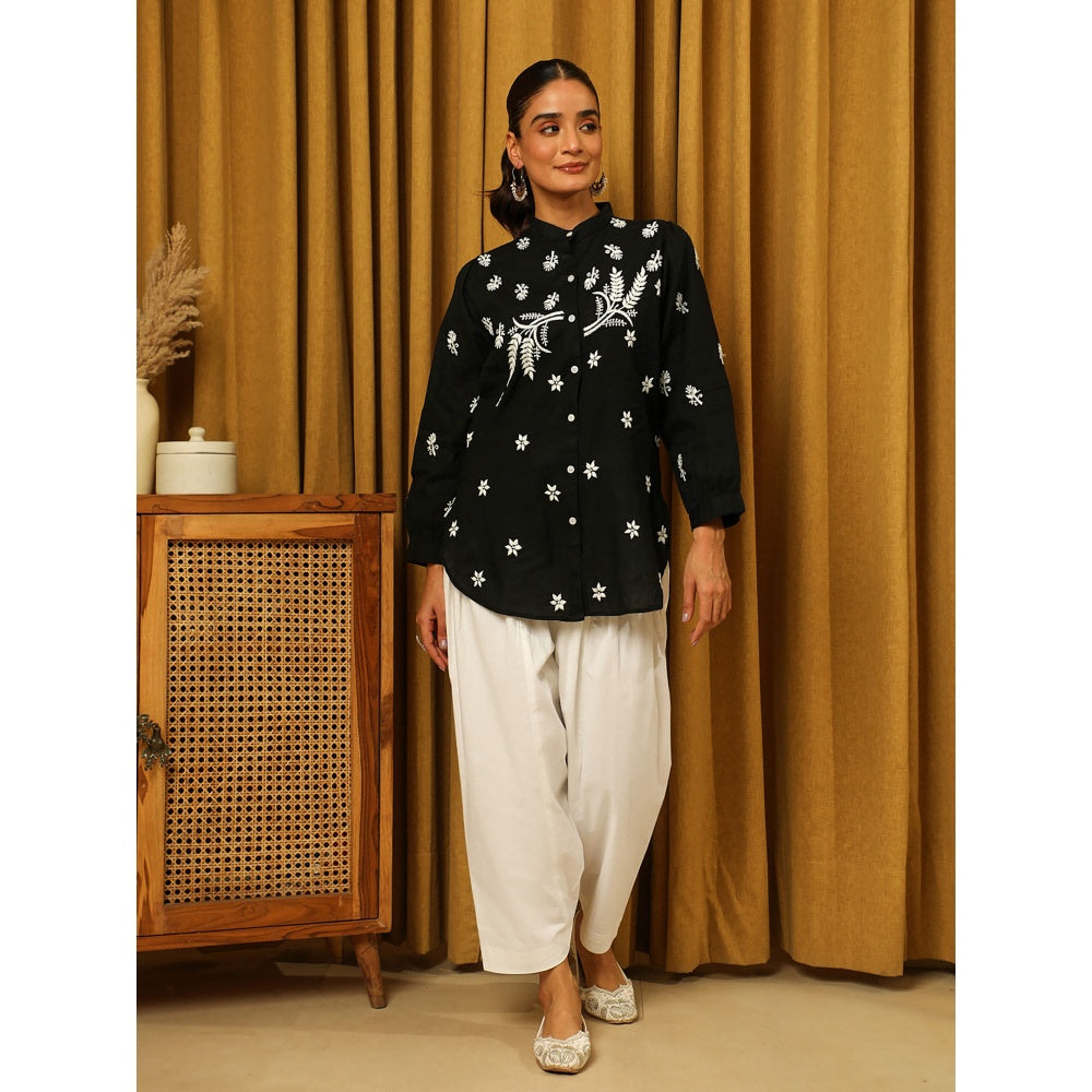 House of Chikankari Black Chikankari Cotton Embroidered Shirt
