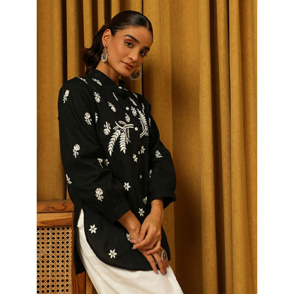 House of Chikankari Black Chikankari Cotton Embroidered Shirt