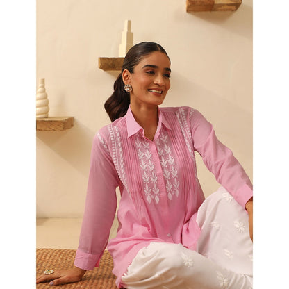House of Chikankari Chikankari Cotton Embroidered Short Shirt Style Tunic