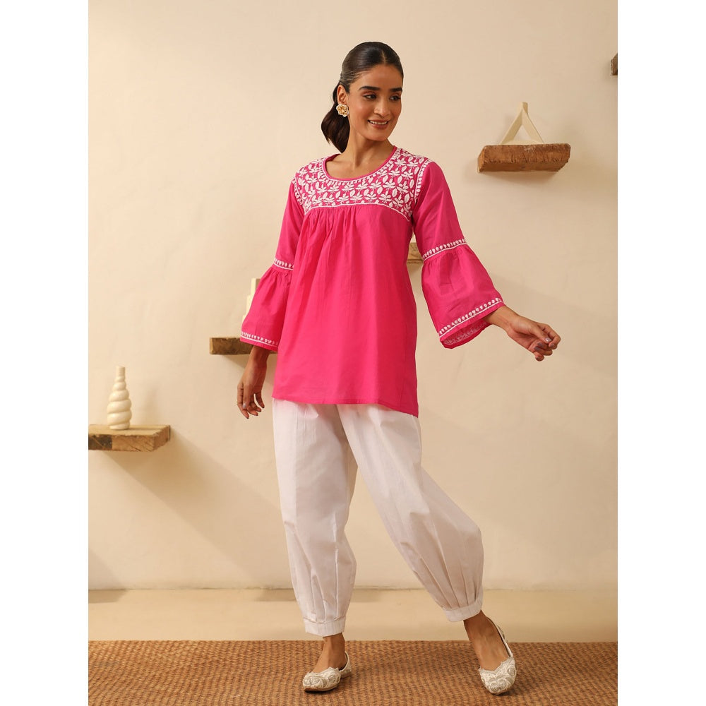 House of Chikankari Pink Chikankari Cotton Embroidered Tunic