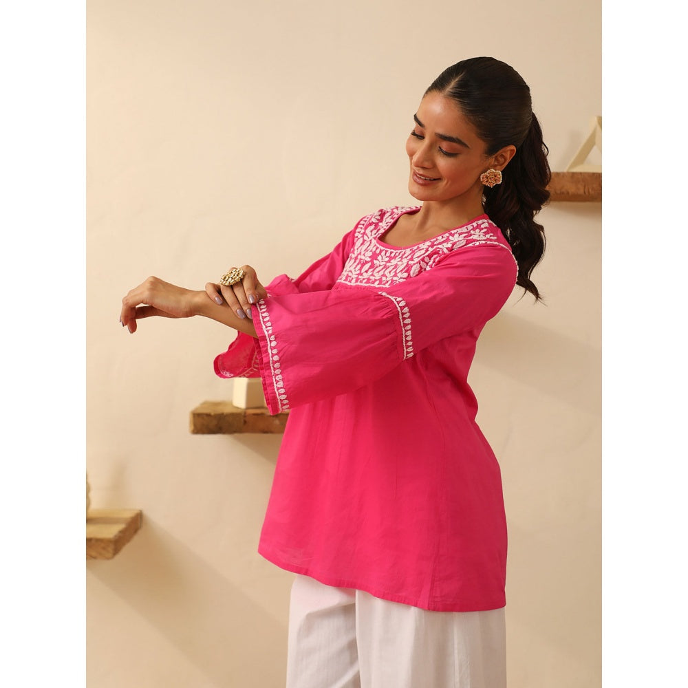 House of Chikankari Pink Chikankari Cotton Embroidered Tunic