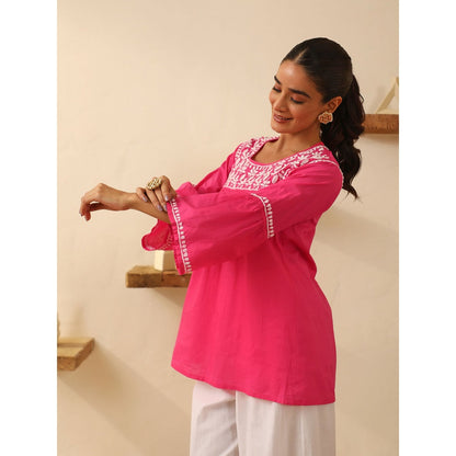 House of Chikankari Pink Chikankari Cotton Embroidered Tunic