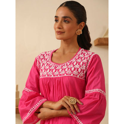 House of Chikankari Pink Chikankari Cotton Embroidered Tunic