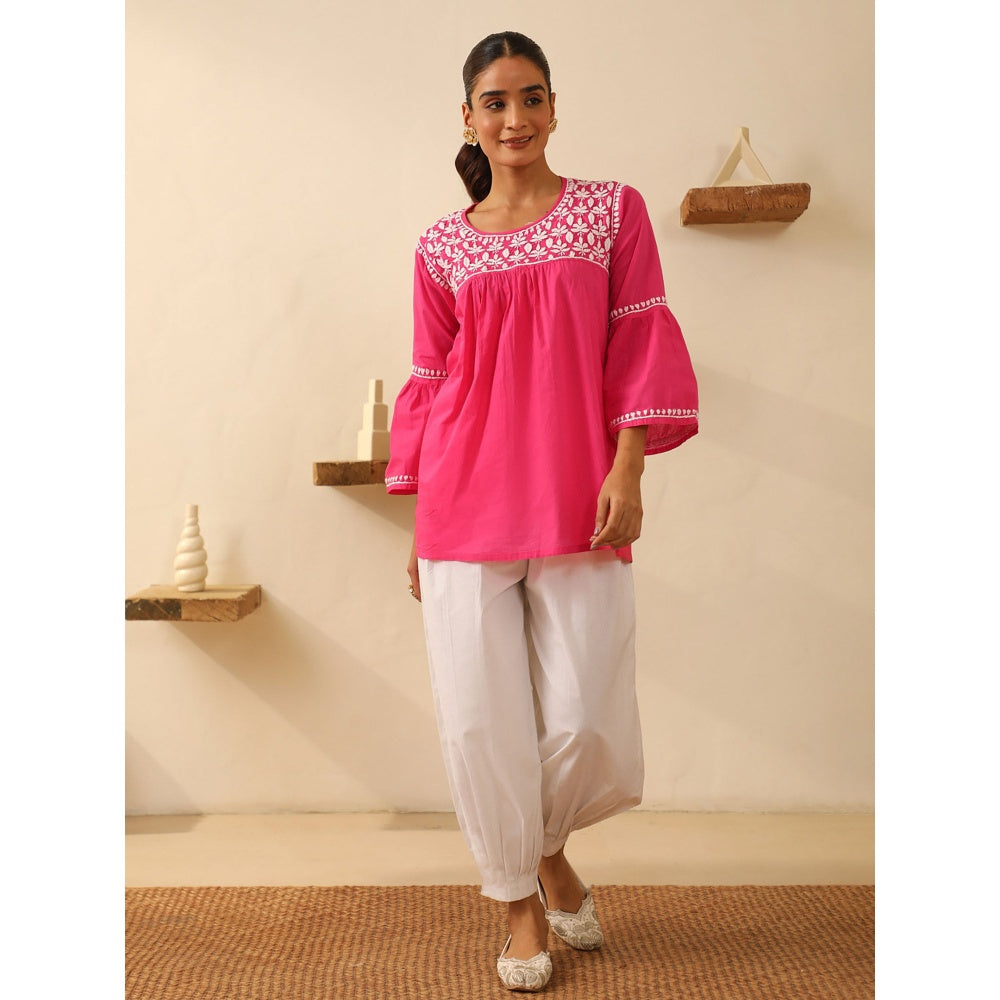 House of Chikankari Pink Chikankari Cotton Embroidered Tunic