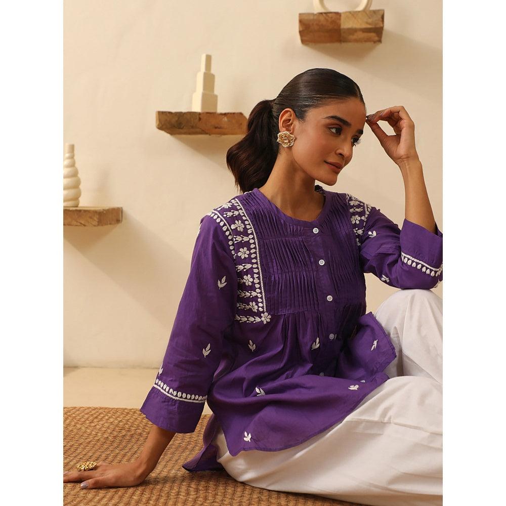 House of Chikankari Purple Chikankari Cotton Embroidered Tunic