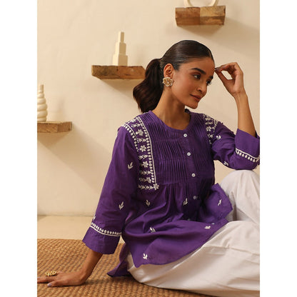 House of Chikankari Purple Chikankari Cotton Embroidered Tunic