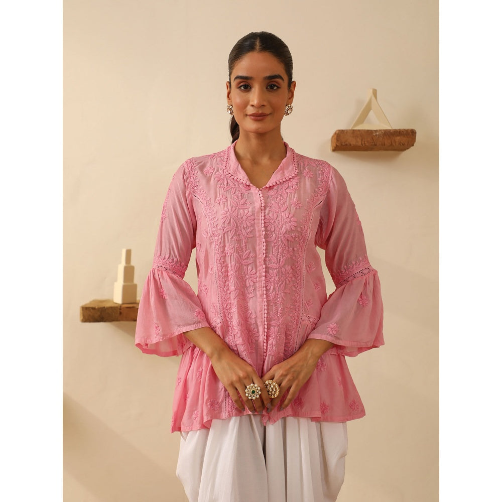 House of Chikankari Pink Chikankari Chanderi Embroidered Tunic