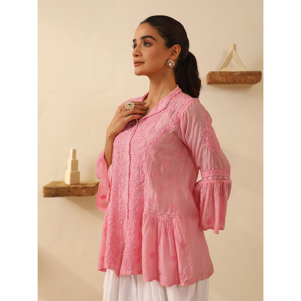 House of Chikankari Pink Chikankari Chanderi Embroidered Tunic