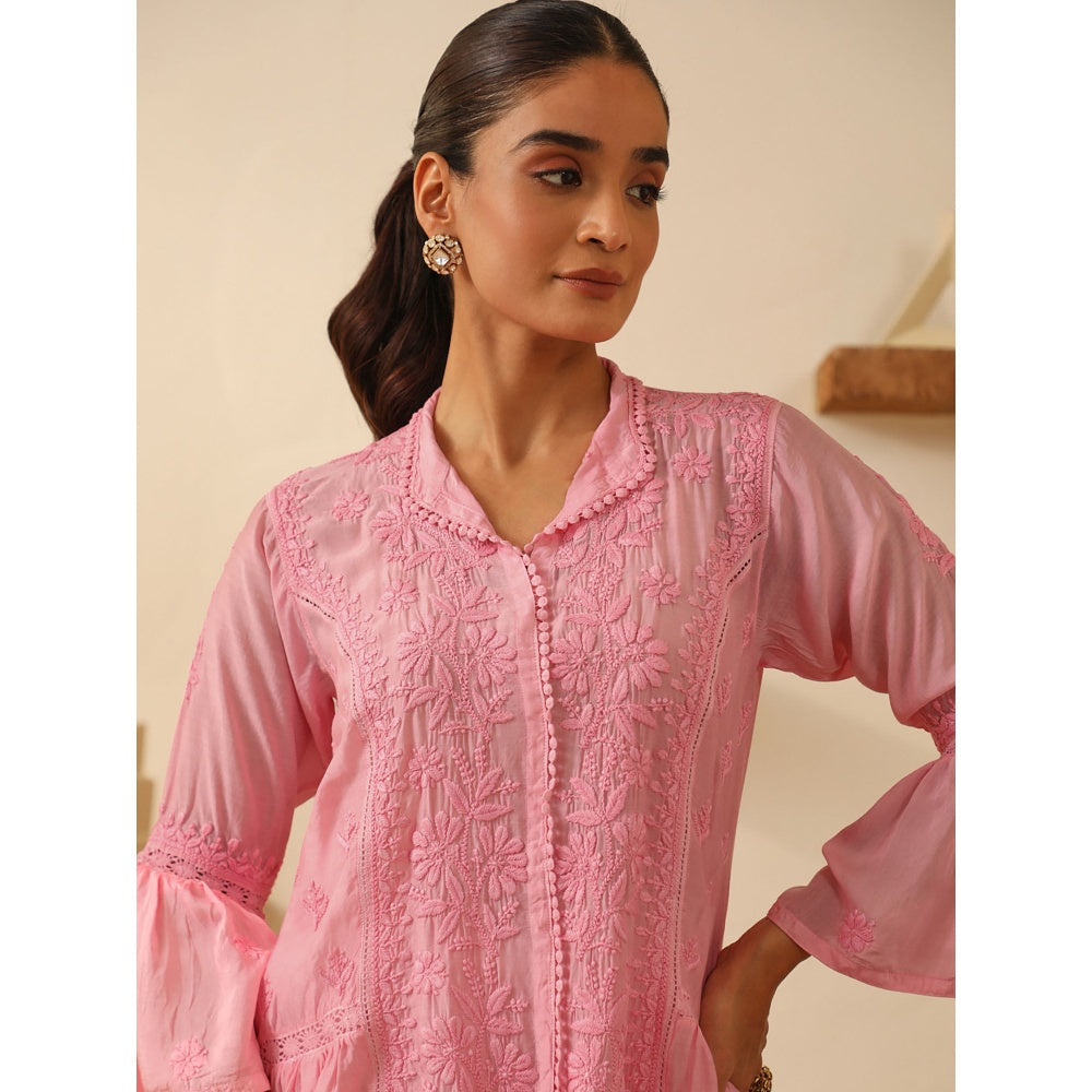 House of Chikankari Pink Chikankari Chanderi Embroidered Tunic