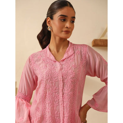 House of Chikankari Pink Chikankari Chanderi Embroidered Tunic