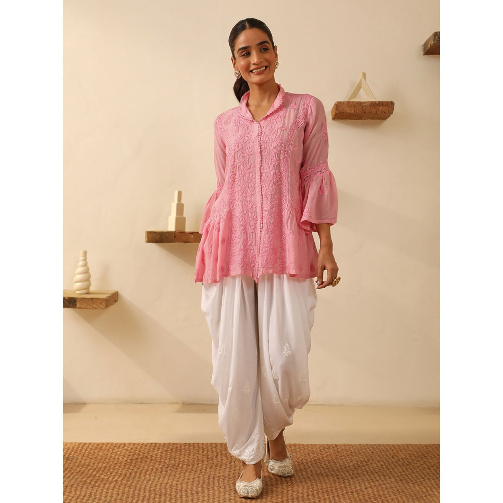House of Chikankari Pink Chikankari Chanderi Embroidered Tunic