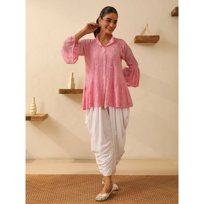 House of Chikankari Pink Chikankari Chanderi Embroidered Tunic