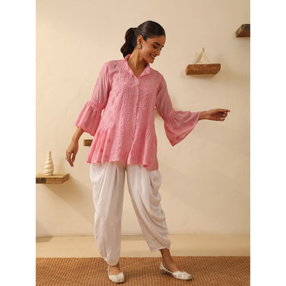 House of Chikankari Pink Chikankari Chanderi Embroidered Tunic