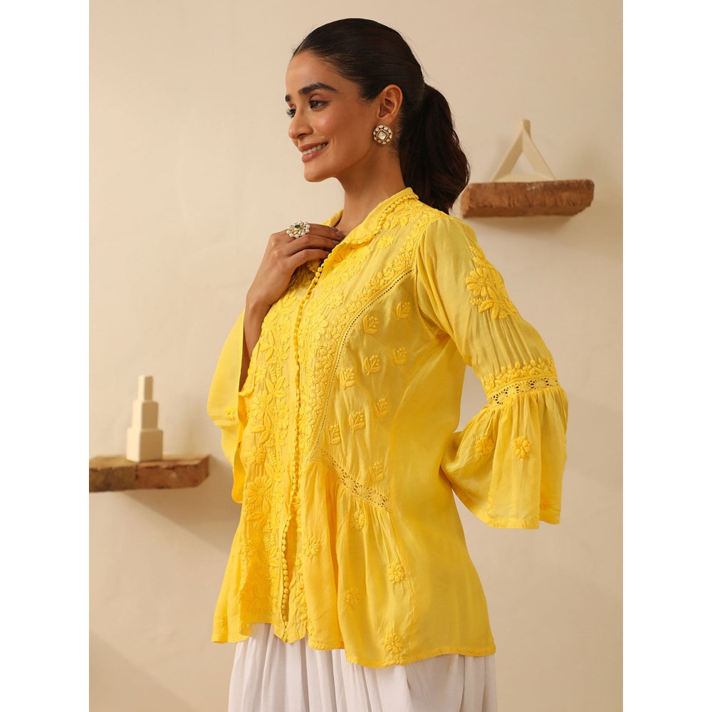 House of Chikankari Yellow Chikankari Chanderi Embroidered Tunic