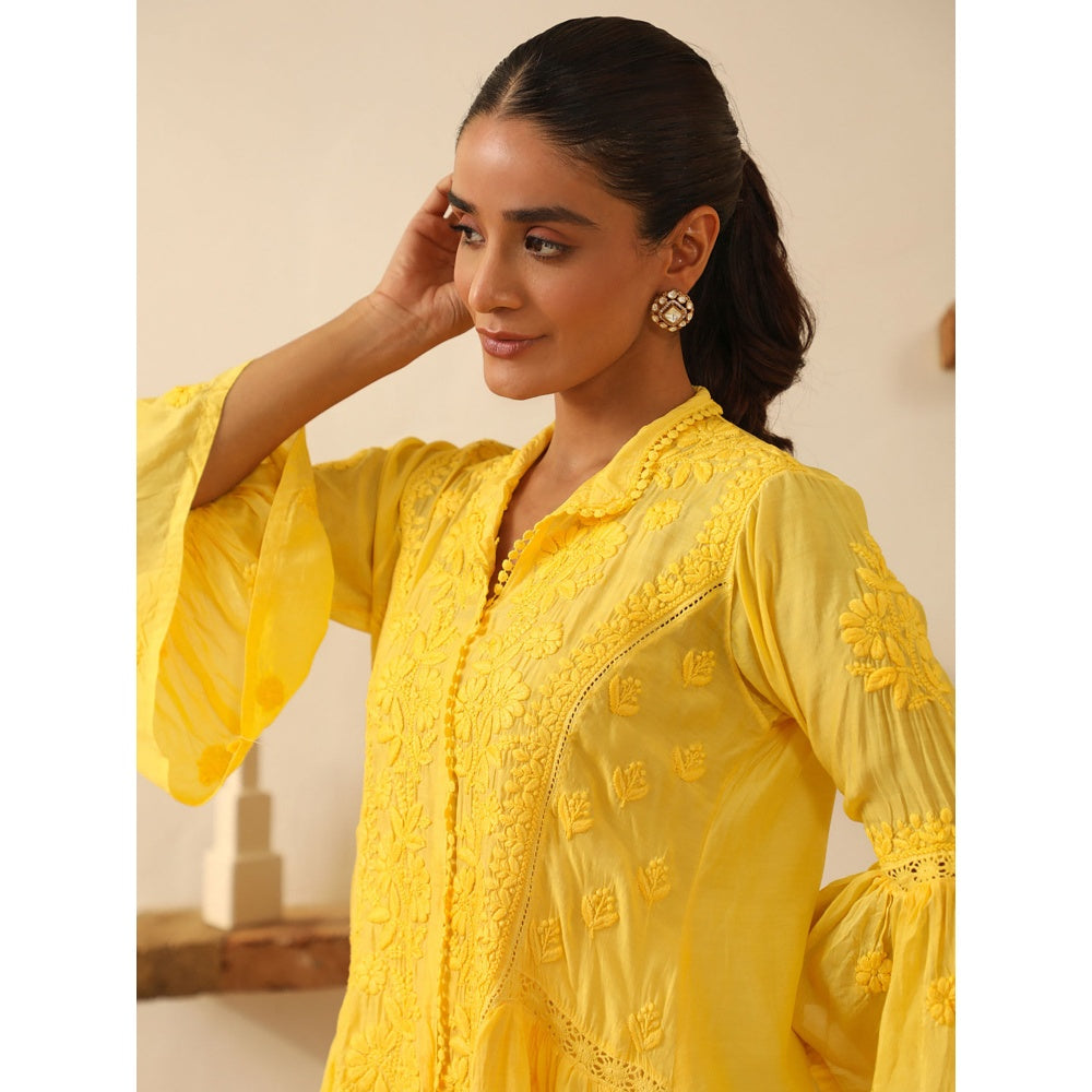 House of Chikankari Yellow Chikankari Chanderi Embroidered Tunic