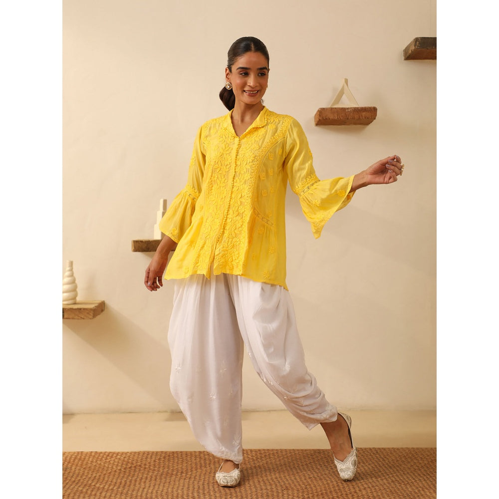 House of Chikankari Yellow Chikankari Chanderi Embroidered Tunic