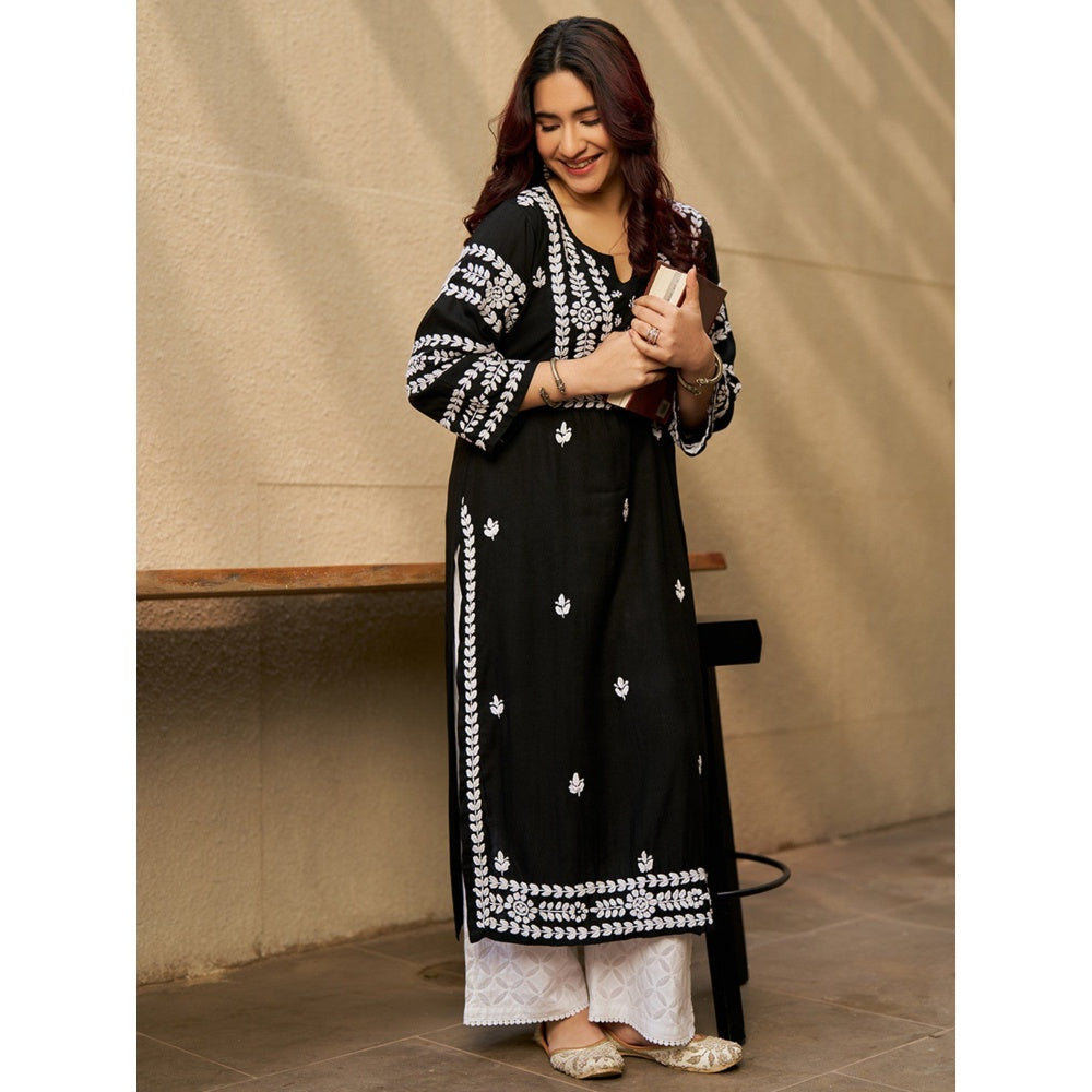 House of Chikankari Rayon Chikankari Womens Long Kurta - Black
