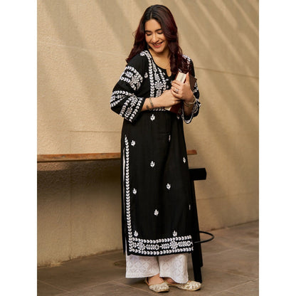 House of Chikankari Rayon Chikankari Womens Long Kurta - Black