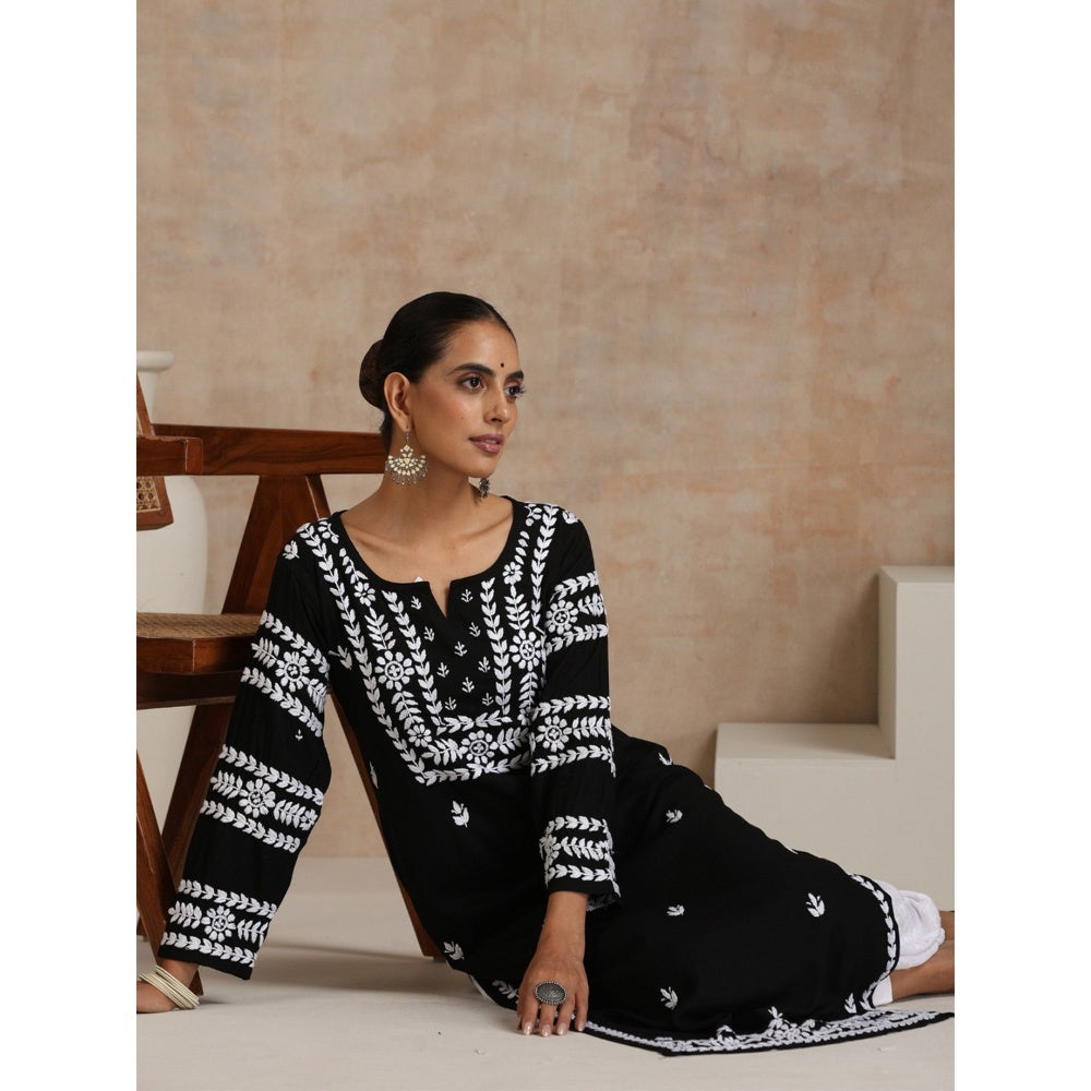 House of Chikankari Rayon Chikankari Womens Long Kurta - Black
