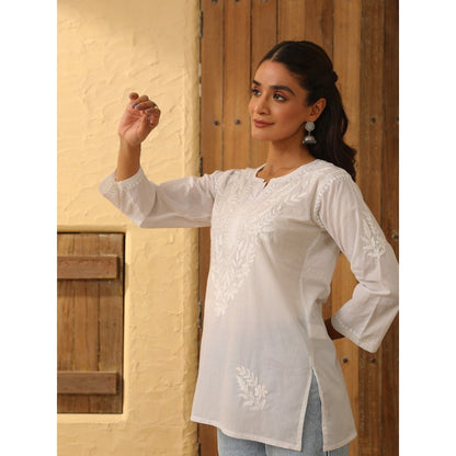 House of Chikankari Cotton Chikankari Womens Short Kurti - White