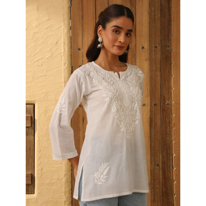 House of Chikankari Cotton Chikankari Womens Short Kurti - White