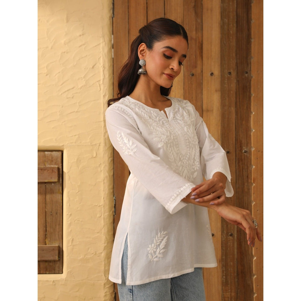 House of Chikankari Cotton Chikankari Womens Short Kurti - White