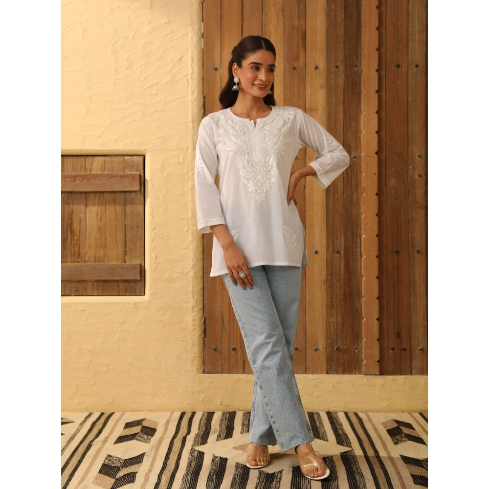House of Chikankari Cotton Chikankari Womens Short Kurti - White