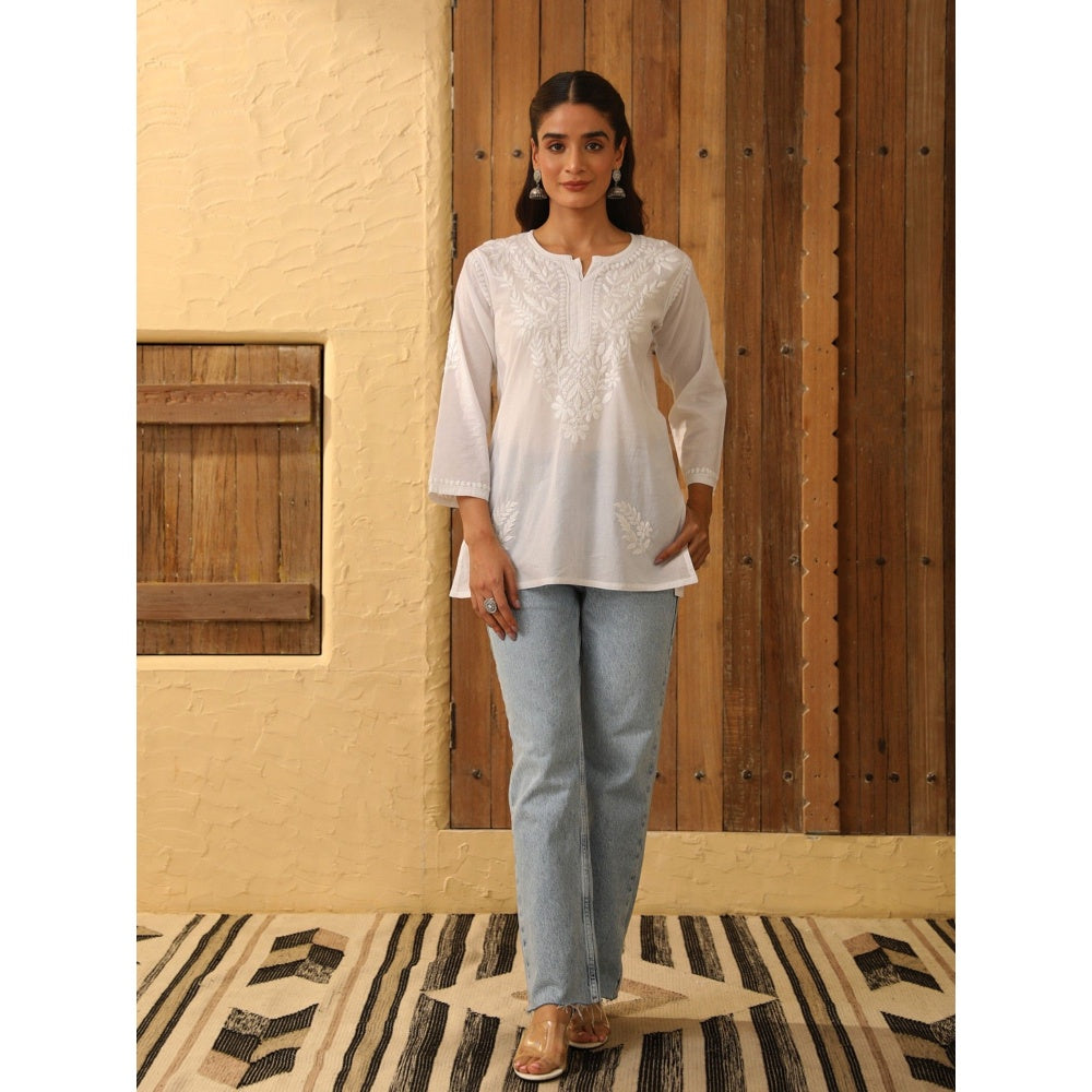 House of Chikankari Cotton Chikankari Womens Short Kurti - White