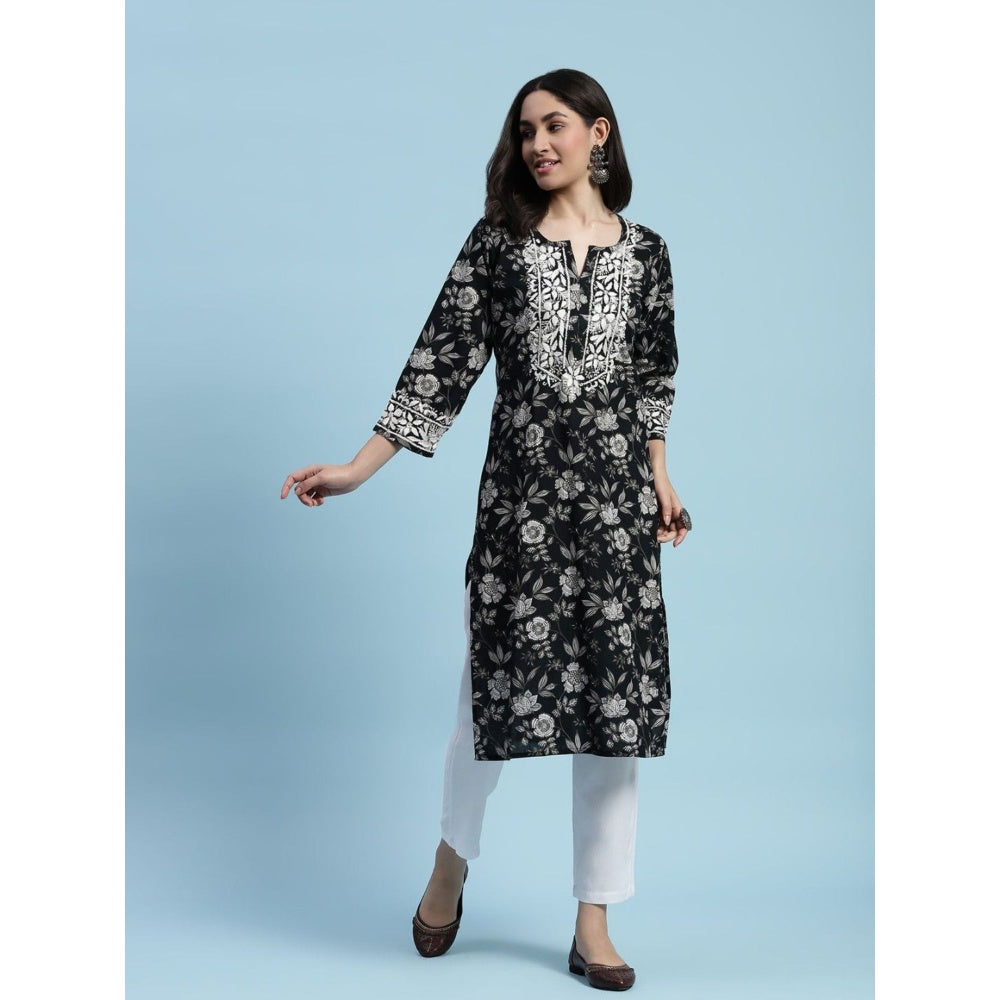 House of Chikankari Cotton Chikankari Printed Womens Long Kurta - Black
