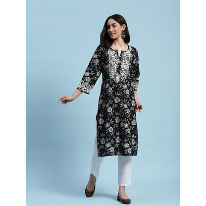 House of Chikankari Cotton Chikankari Printed Womens Long Kurta - Black