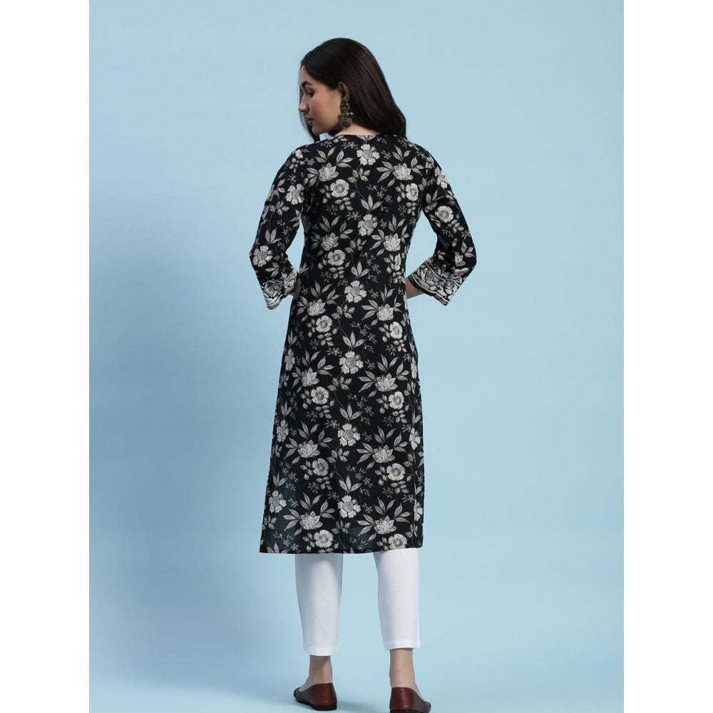 House of Chikankari Cotton Chikankari Printed Womens Long Kurta - Black