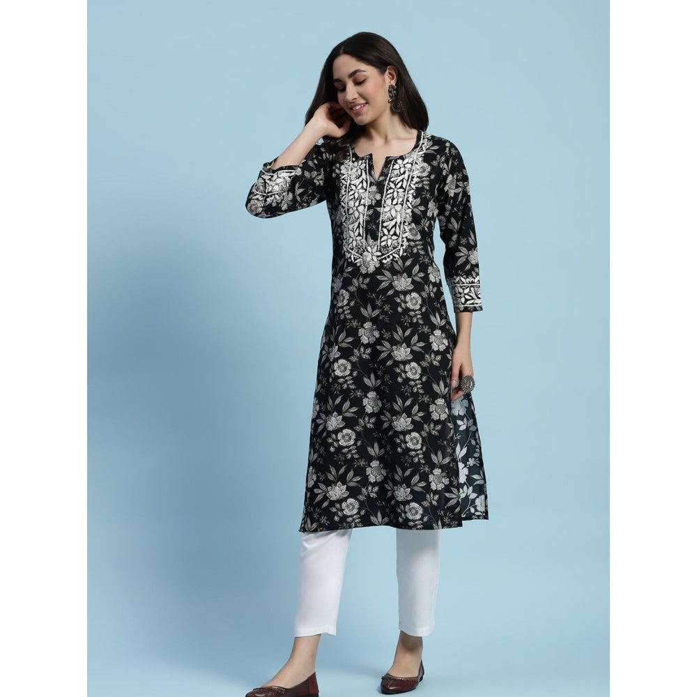 House of Chikankari Cotton Chikankari Printed Womens Long Kurta - Black