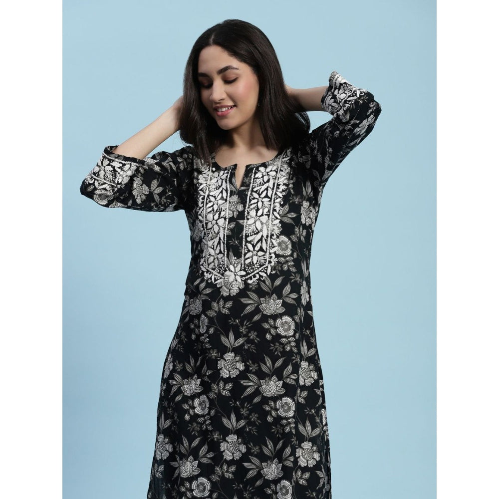 House of Chikankari Cotton Chikankari Printed Womens Long Kurta - Black