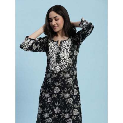House of Chikankari Cotton Chikankari Printed Womens Long Kurta - Black