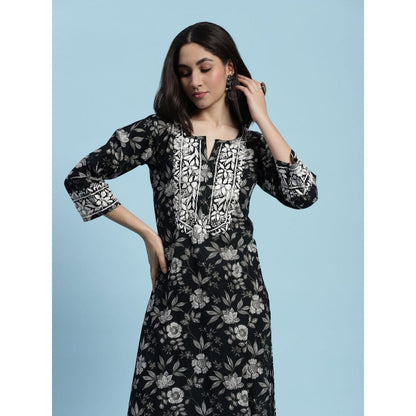 House of Chikankari Cotton Chikankari Printed Womens Long Kurta - Black