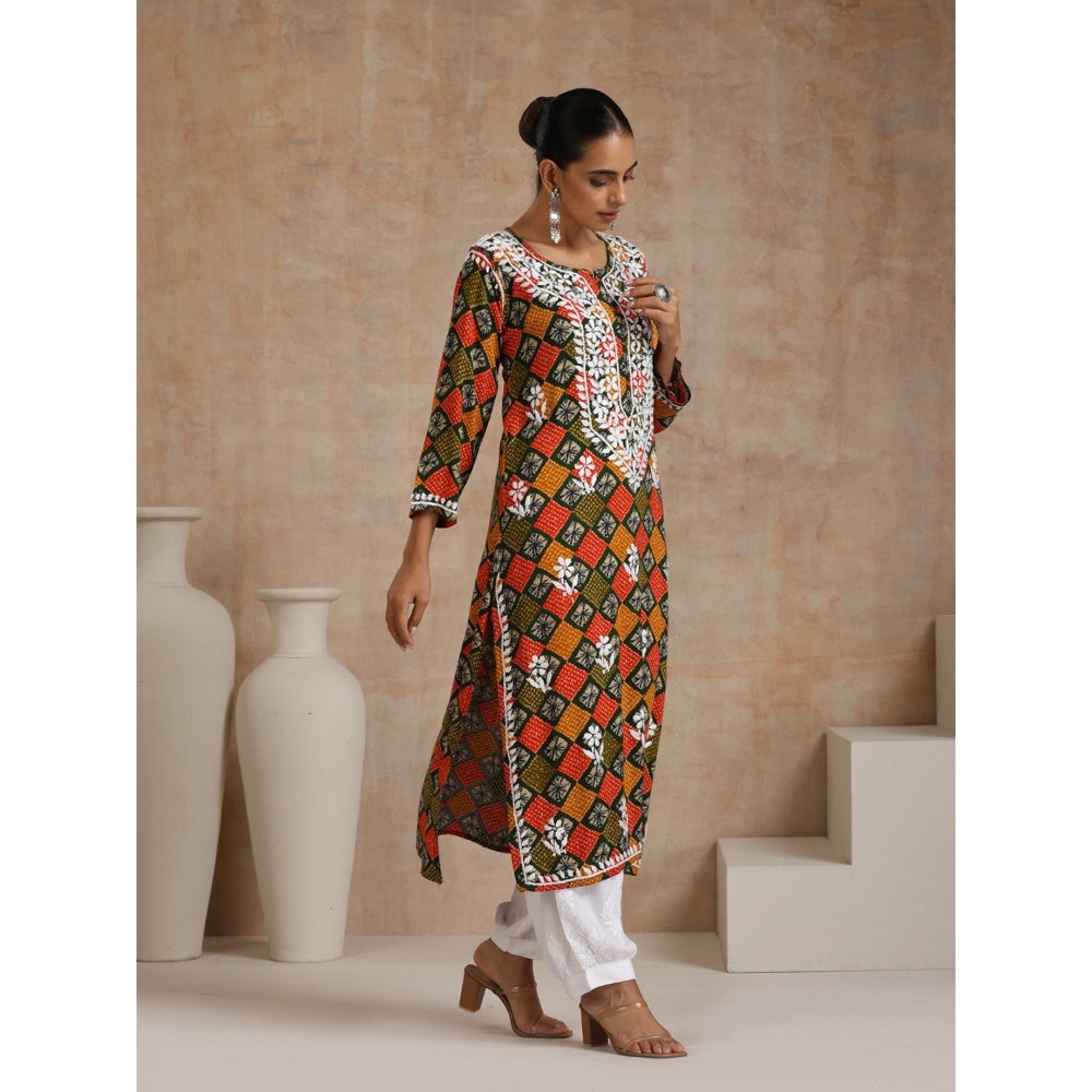 House of Chikankari Rayon Chikankari Printed Womens Long Kurta - Multi-Color
