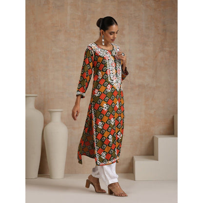 House of Chikankari Rayon Chikankari Printed Womens Long Kurta - Multi-Color