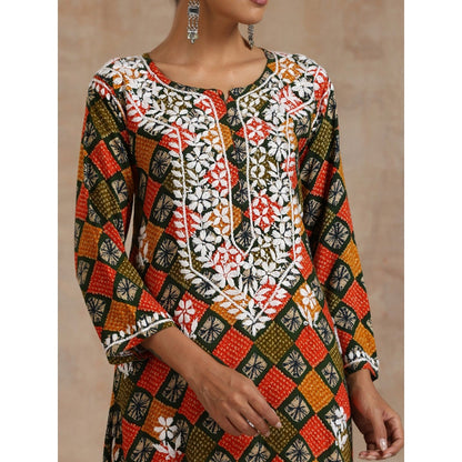 House of Chikankari Rayon Chikankari Printed Womens Long Kurta - Multi-Color
