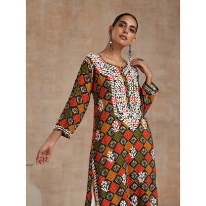 House of Chikankari Rayon Chikankari Printed Womens Long Kurta - Multi-Color