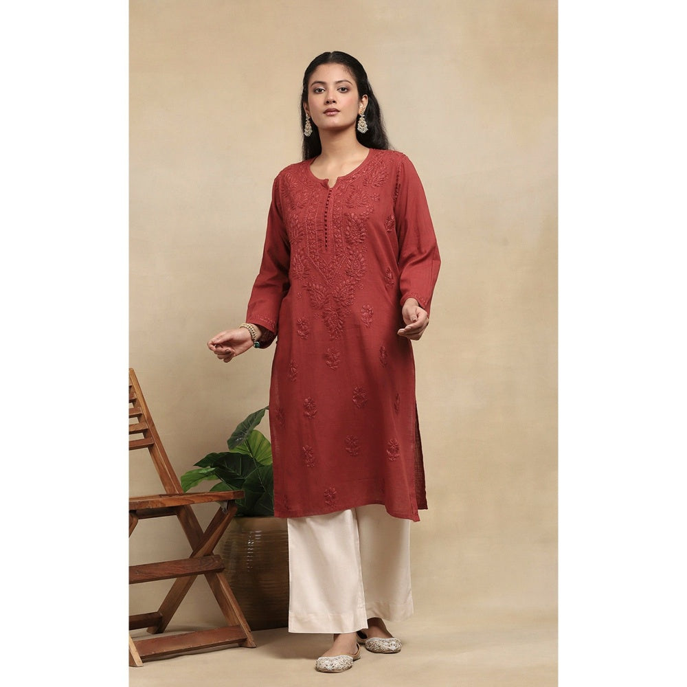 House of Chikankari Cotton Chikankari Womens Long Kurta - Brown