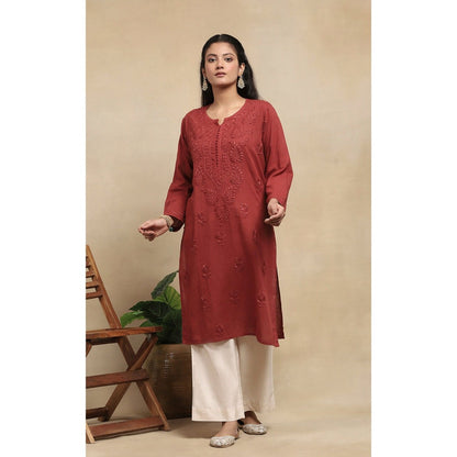 House of Chikankari Cotton Chikankari Womens Long Kurta - Brown