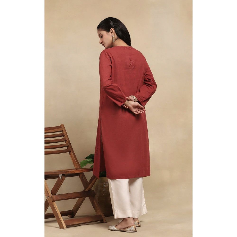 House of Chikankari Cotton Chikankari Womens Long Kurta - Brown