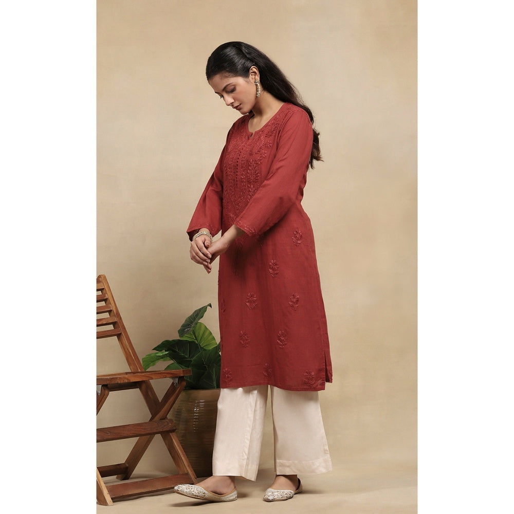House of Chikankari Cotton Chikankari Womens Long Kurta - Brown