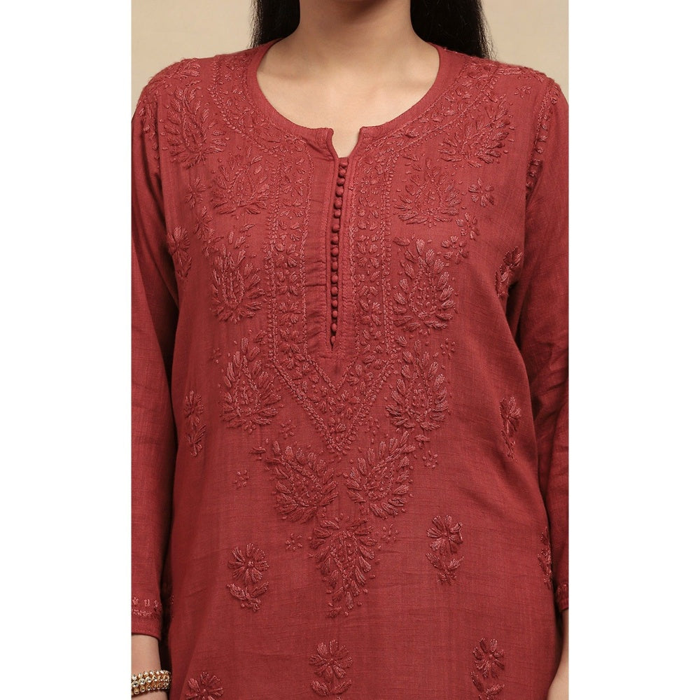 House of Chikankari Cotton Chikankari Womens Long Kurta - Brown