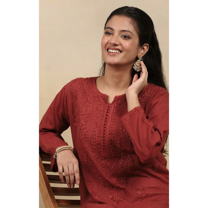 House of Chikankari Cotton Chikankari Womens Long Kurta - Brown