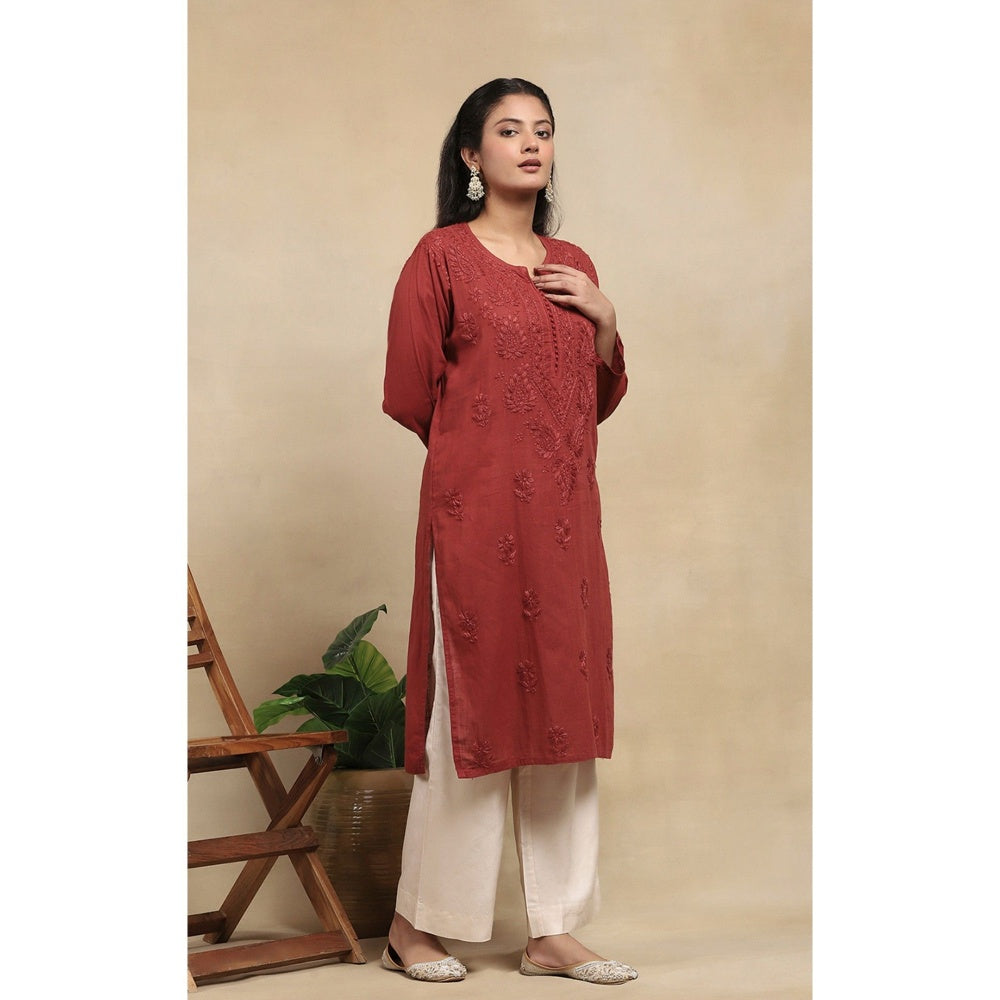 House of Chikankari Cotton Chikankari Womens Long Kurta - Brown