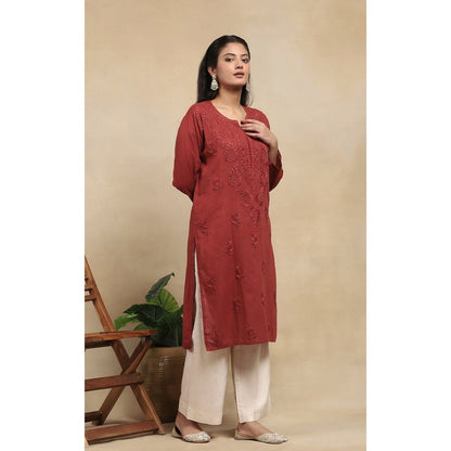 House of Chikankari Cotton Chikankari Womens Long Kurta - Brown