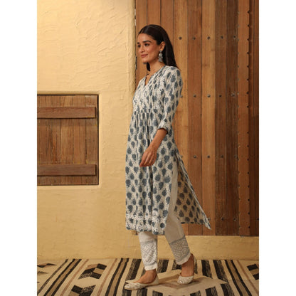 House of Chikankari Grey Cotton Printed Women's Long Kurta